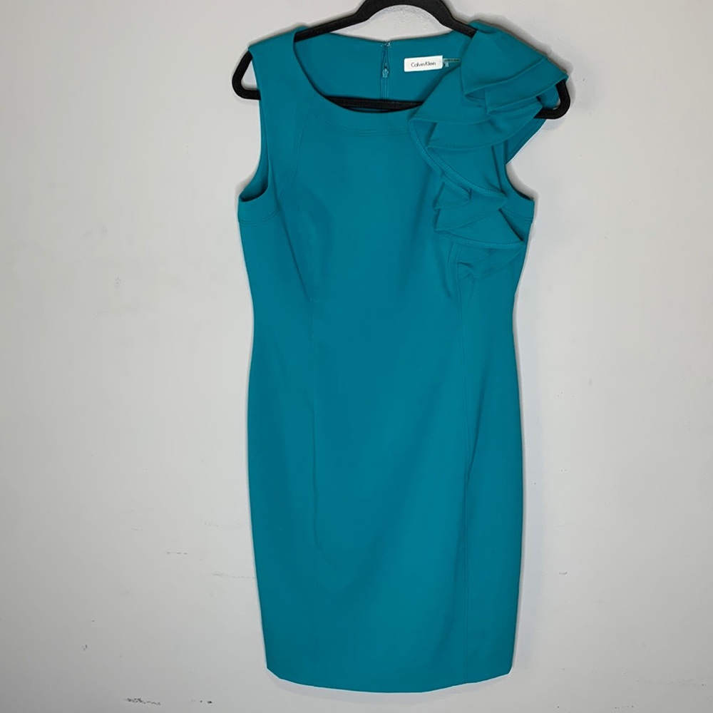 Calvin Klein Teal Ruffle-Shoulder Midi Dress